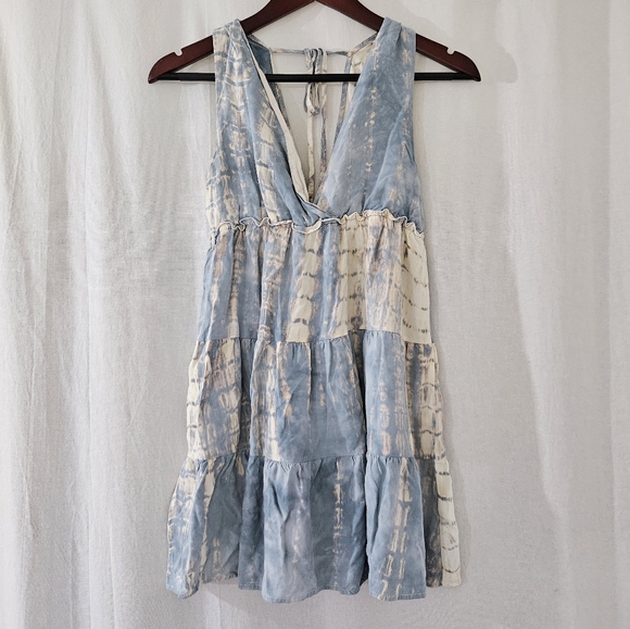 Millibon V-Neck Tie-Dye Tiered Mini Dress in Blue/Cream/Off-White Women’s Size S - Picture 4 of 7